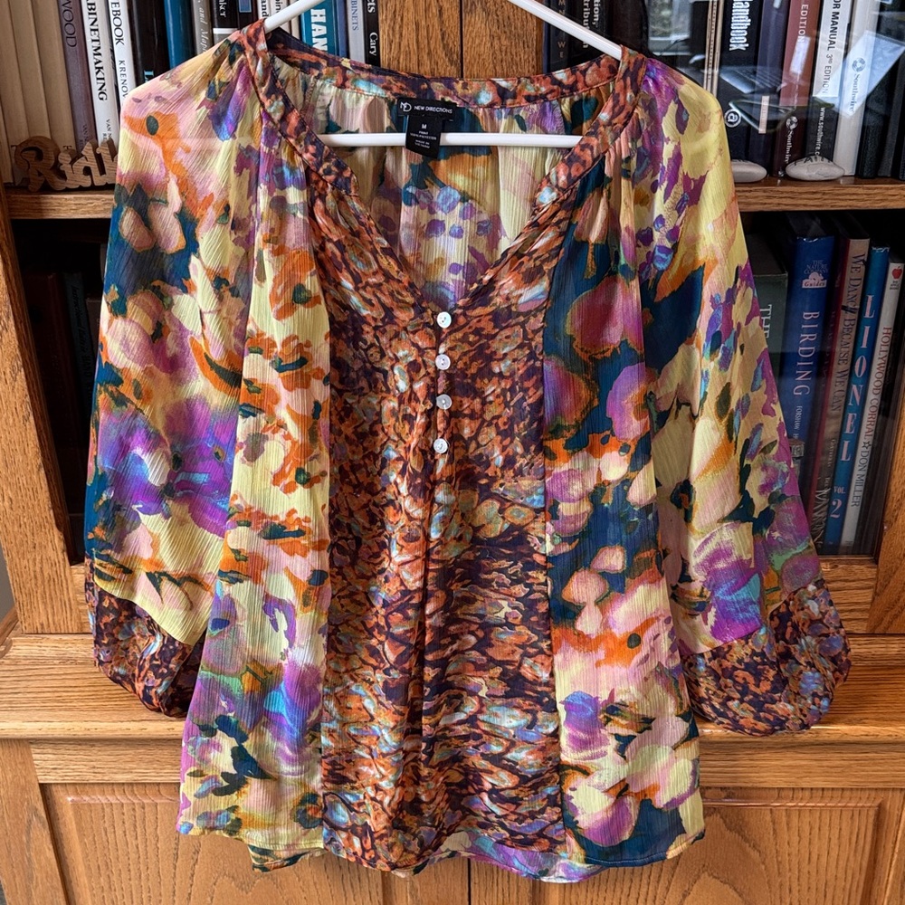 new directions Sheer Floral Blouse in Yellow, Purple, Green, Brown